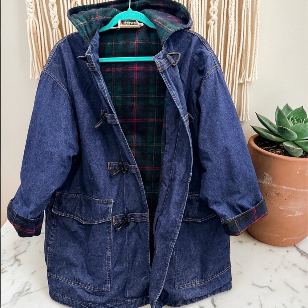 Vintage Talbots Oversize Plaid Lined Denim Jacket Size Medium Wool Lined - Picture 2 of 10